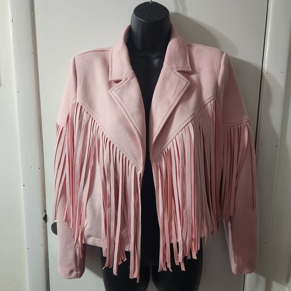 Ladies Pink Western Fringe Jacket Size Small Faux Suede